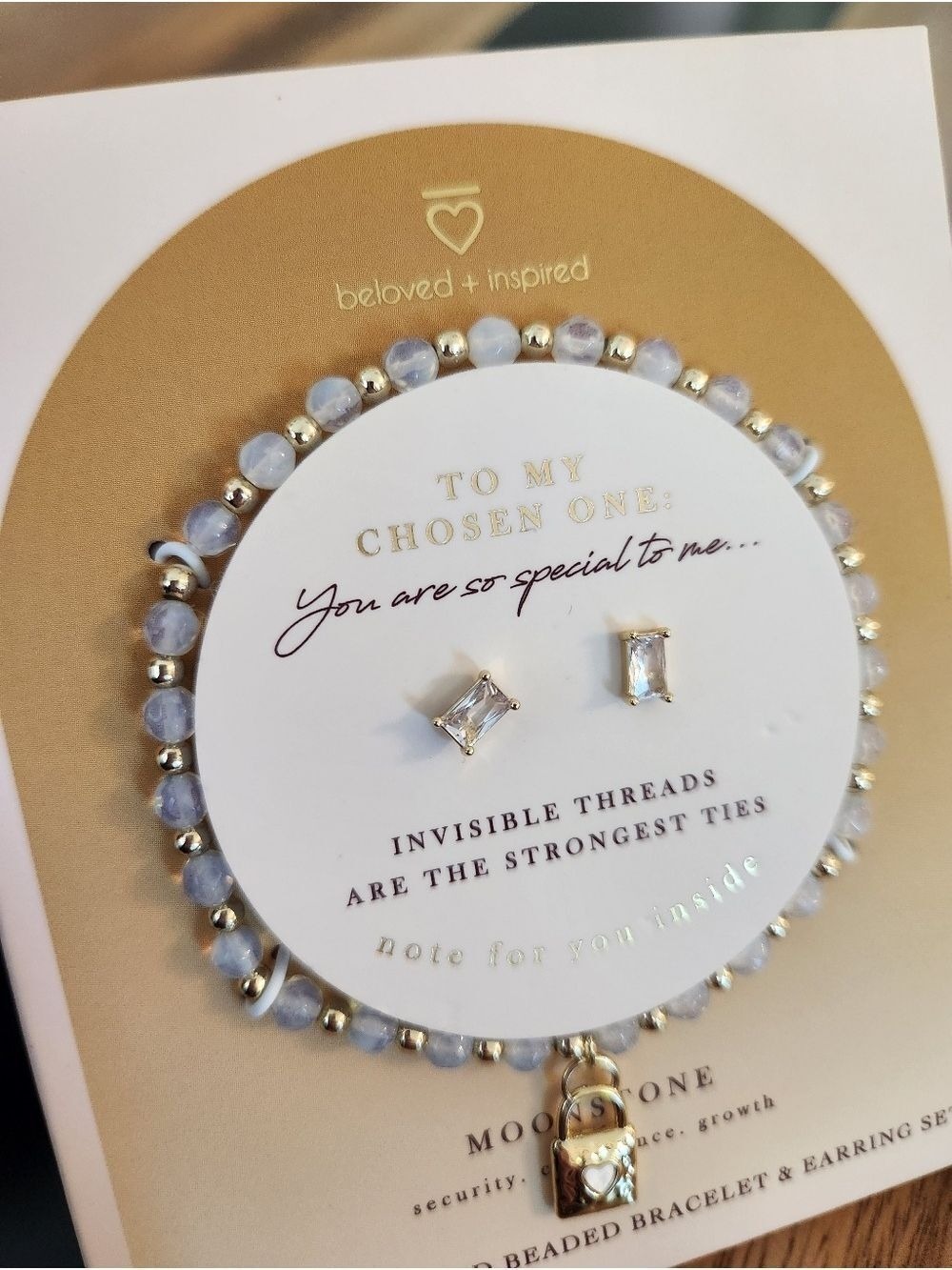 BELOVED + INSPIRED MOONSTONE 14KT DIPPED CHOSEN ONE BRACLET EARRING SET NWT